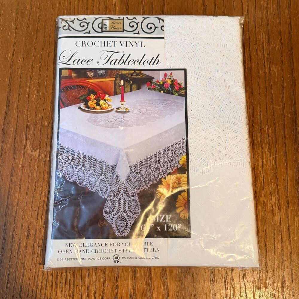 VTG Better Home Crochet Vinyl Lace Tablecloth White 60x120 Rectangle NEW Sealed